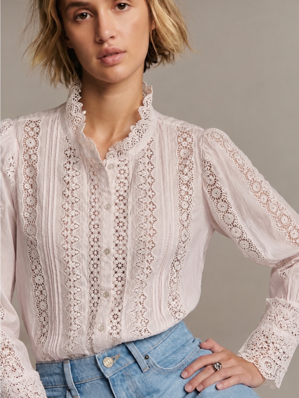 Sézane Rym long-sleeve cotton guipure lace detail shirt size 4 light pink